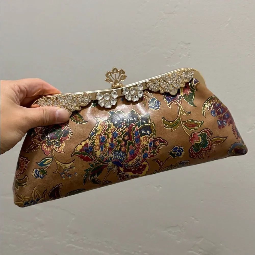 Genuine Leather Retro Floral Print Handmade Push Lock Clutch Bag/Evening Bag
